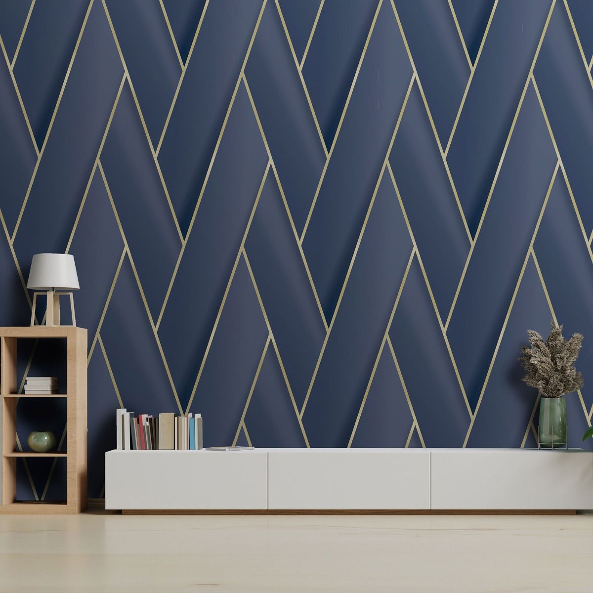 Armando Herringbone Geometric Wallpaper - Navy / Gold - Debona