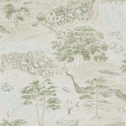 Sea Houses Wallpaper - Green/Sand - DEBB216490