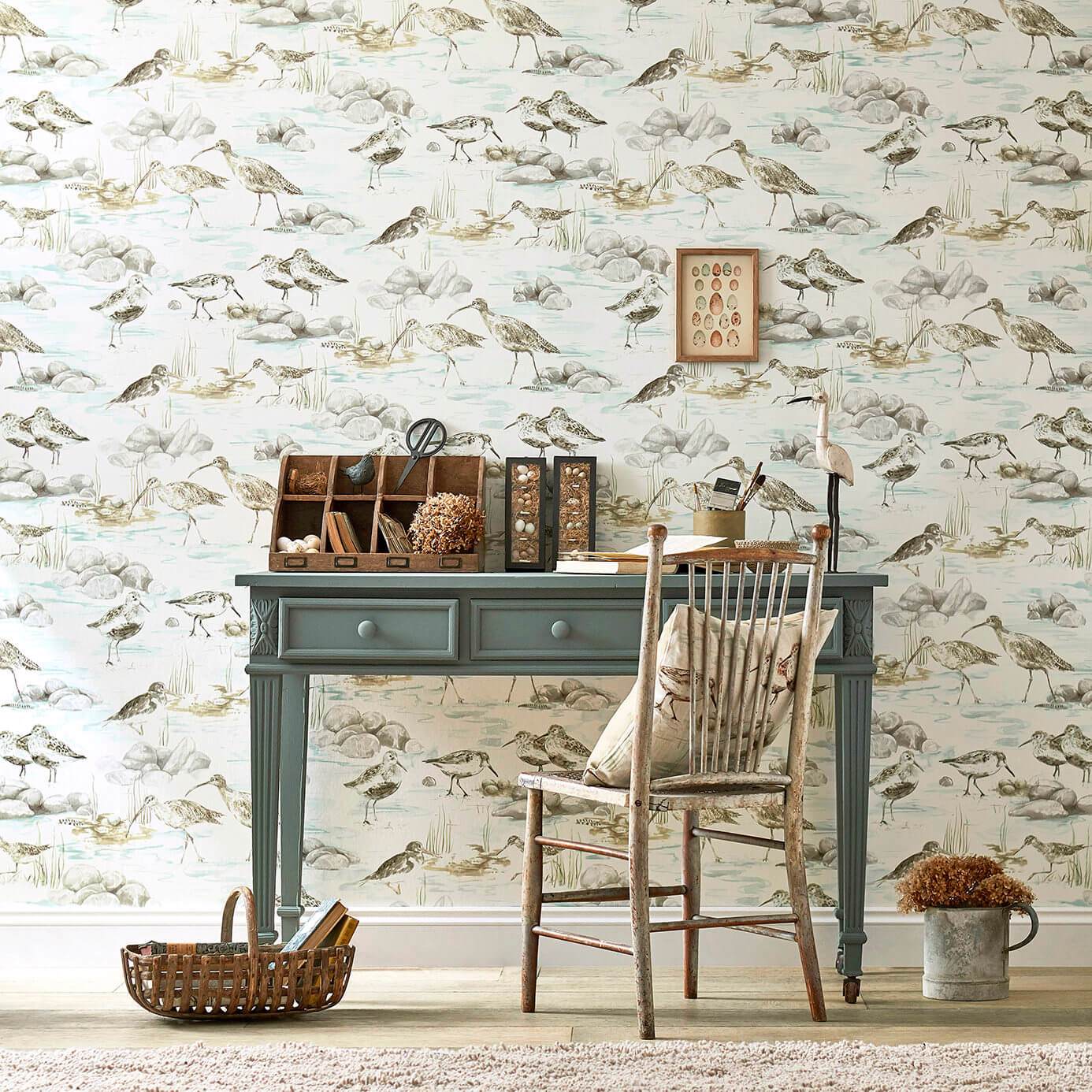 Estuary Birds Wallpaper - Mist/Ivory - DEBB216494