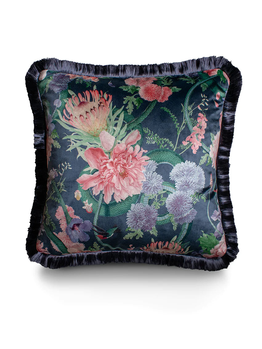 Forbidden Bloom 'Deep Blue' Fringed Velvet Cushion