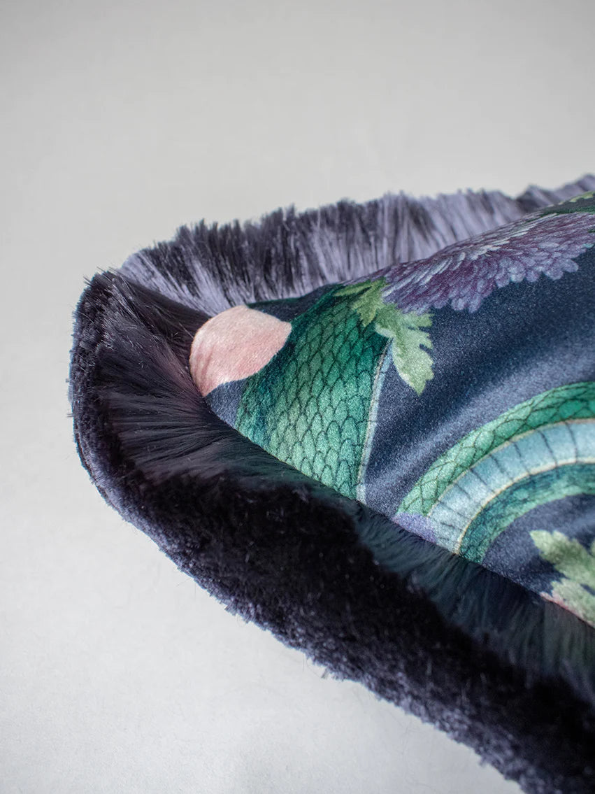 Forbidden Bloom 'Deep Blue' Fringed Side Velvet Cushion