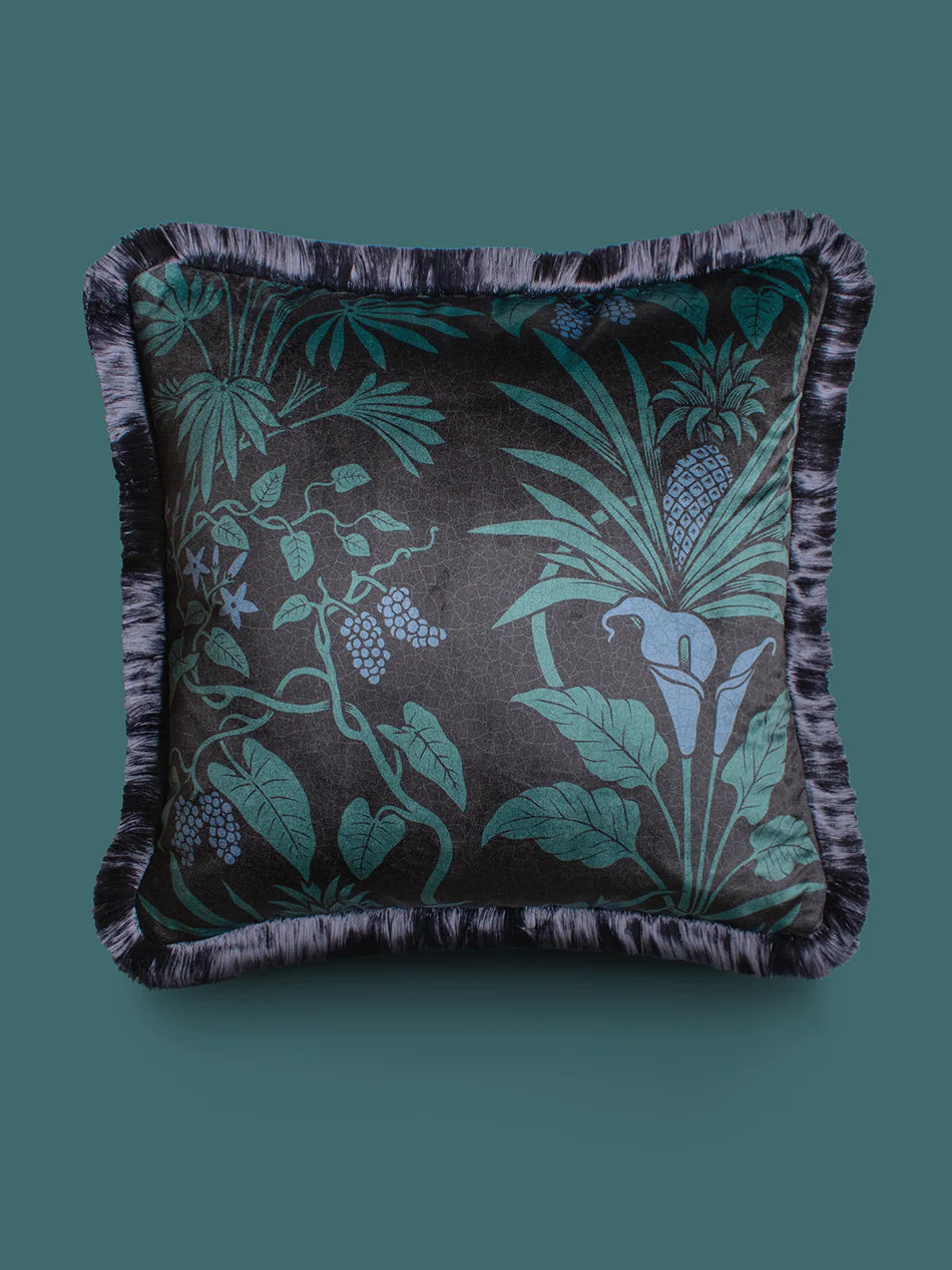 Botanize 'Blackberry' Fringed Back Velvet Cushion