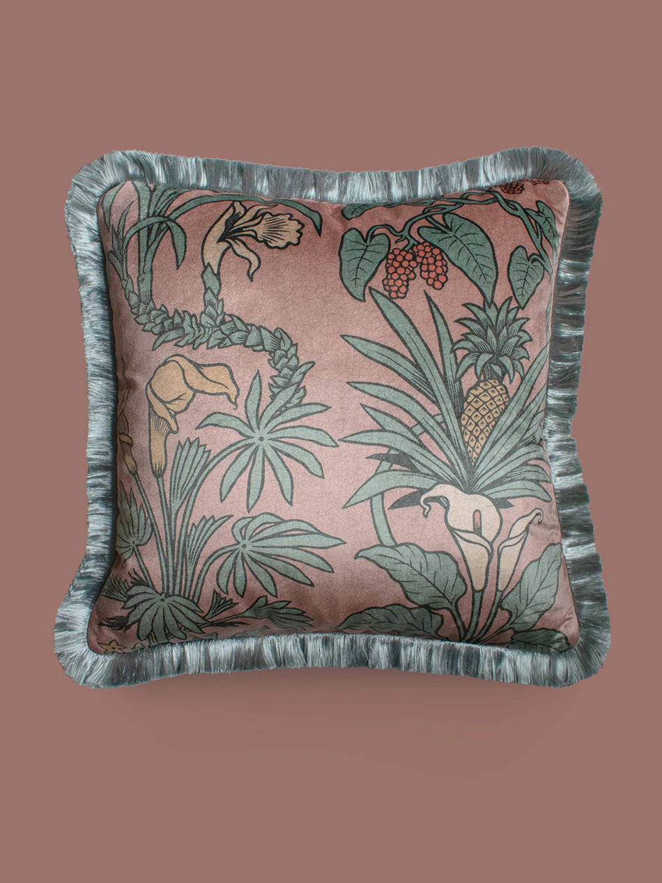 Botanize Heritage 'Plaster Pink' Fringed Back Velvet Cushion