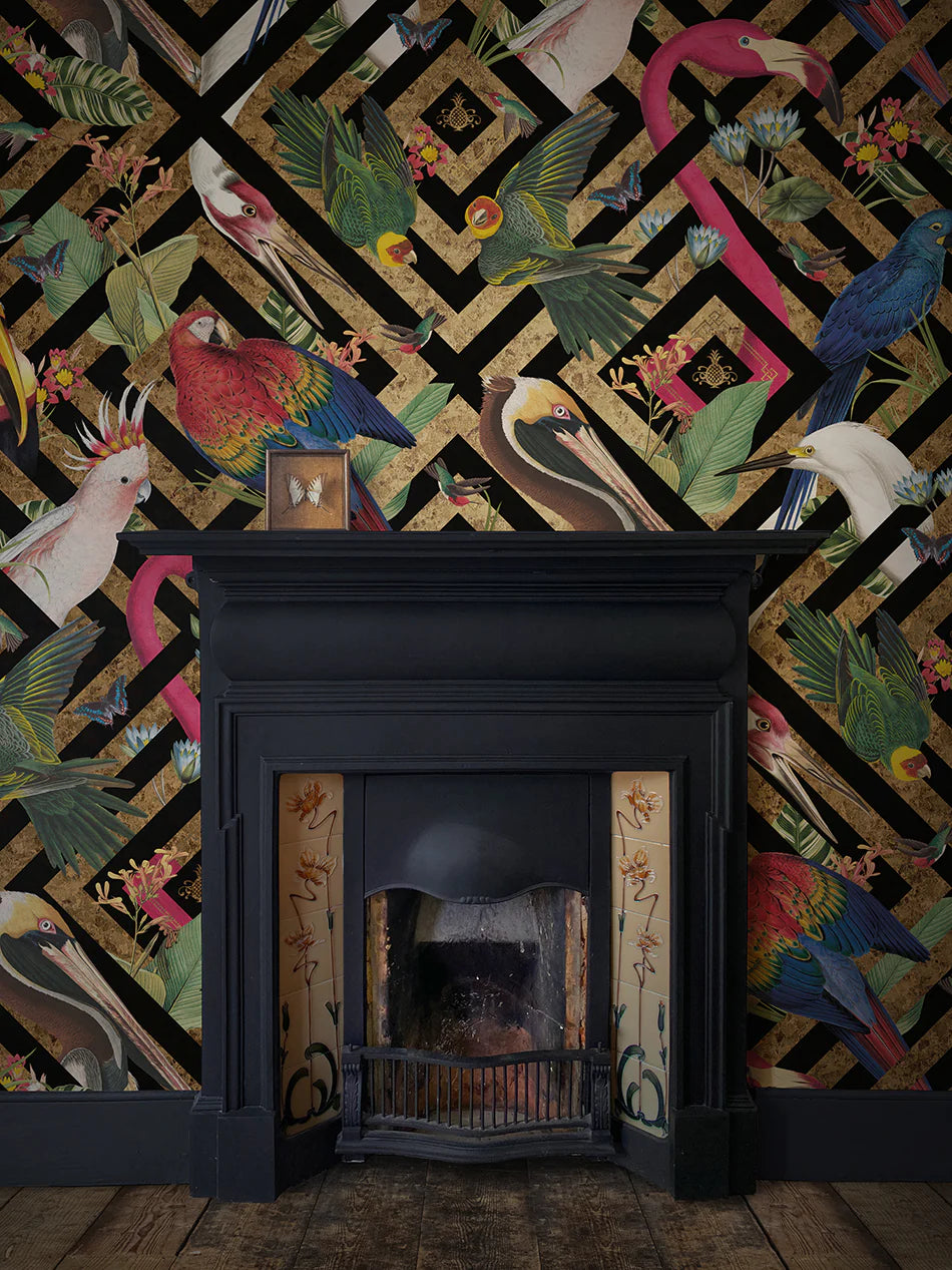 Geometric Aviary Gold Leaf Room Wallpaper