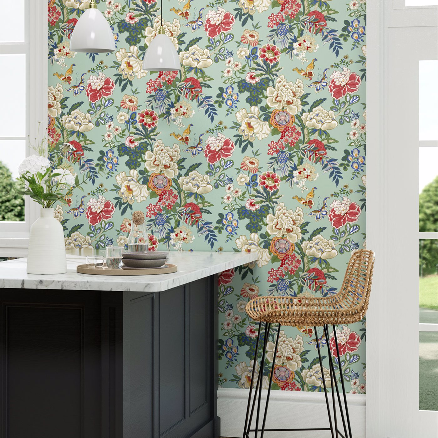 Emperor Peony Wallpaper - Jade/Apricot - DWAW217122