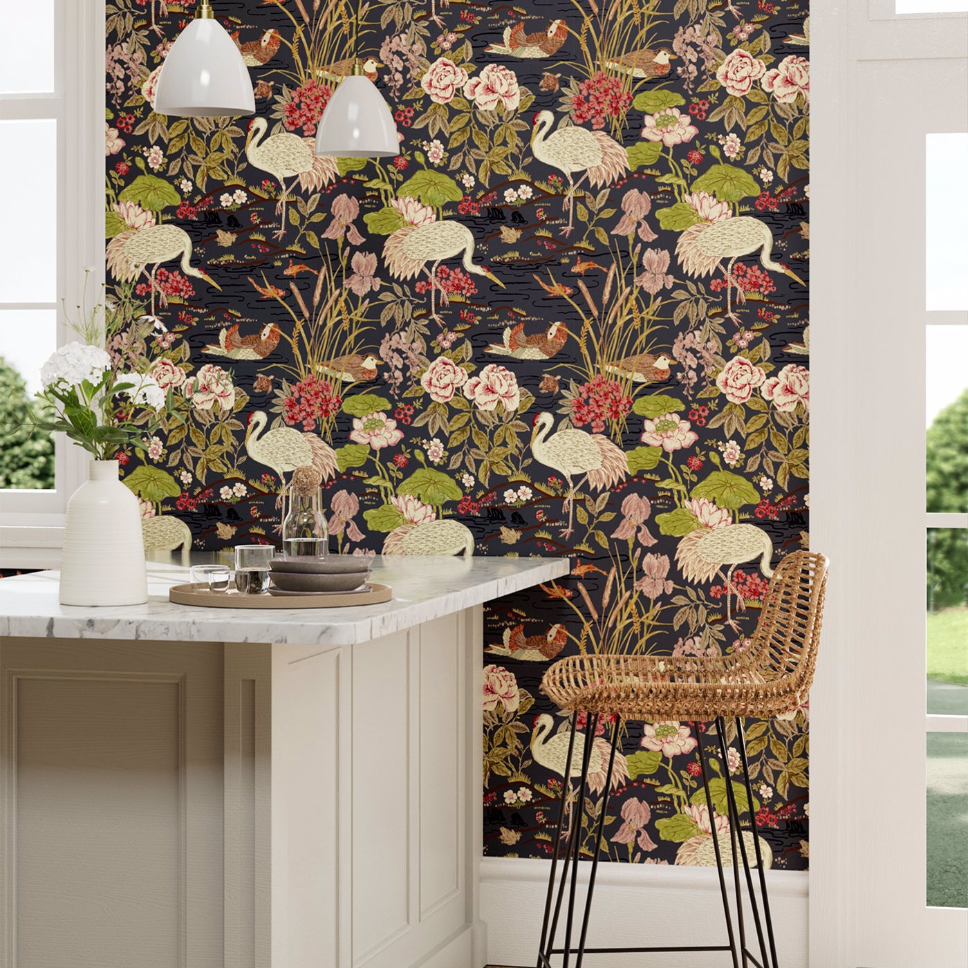 Crane & Frog Wallpaper - Ink Black/Multi - DWAW217123