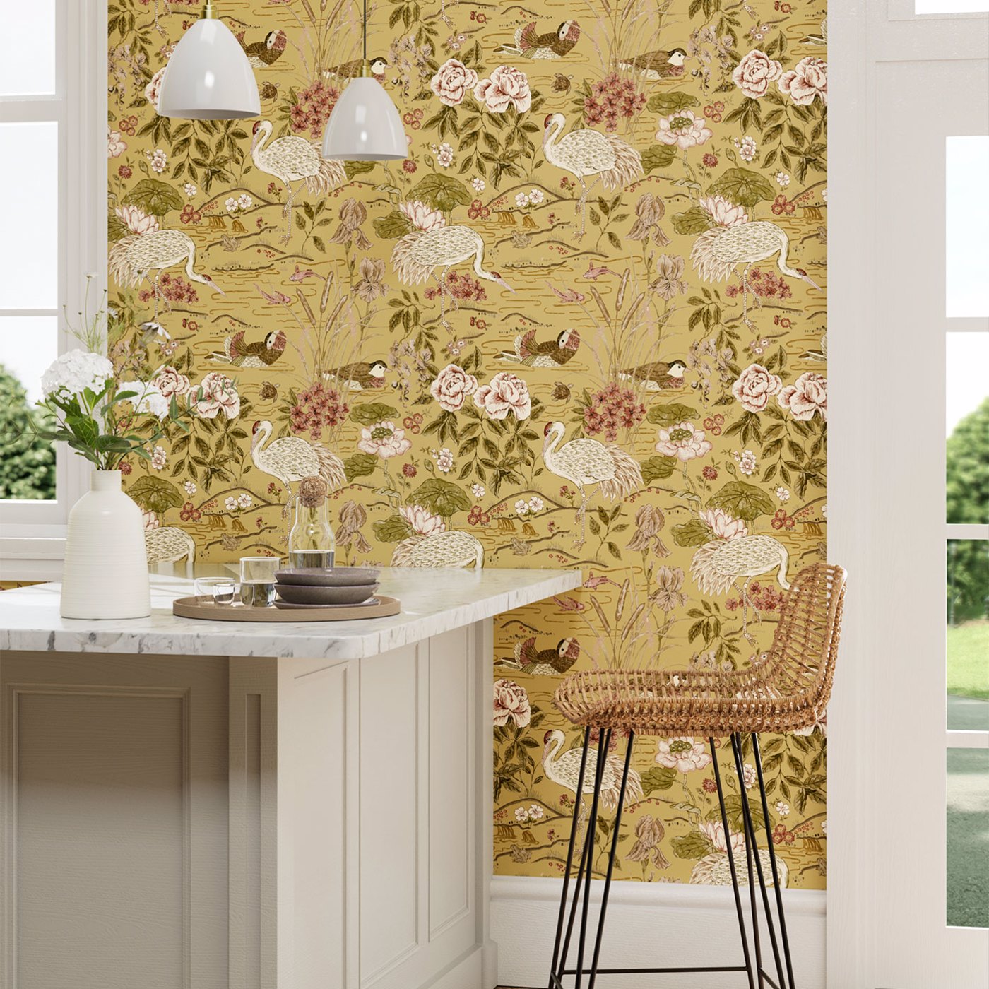 Crane & Frog Wallpaper - Honey/Olive - DWAW217124