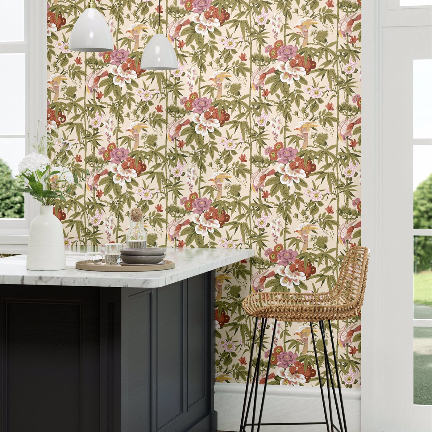Bamboo & Birds Wallpaper - Mandarin Red/Olive - DWAW217128