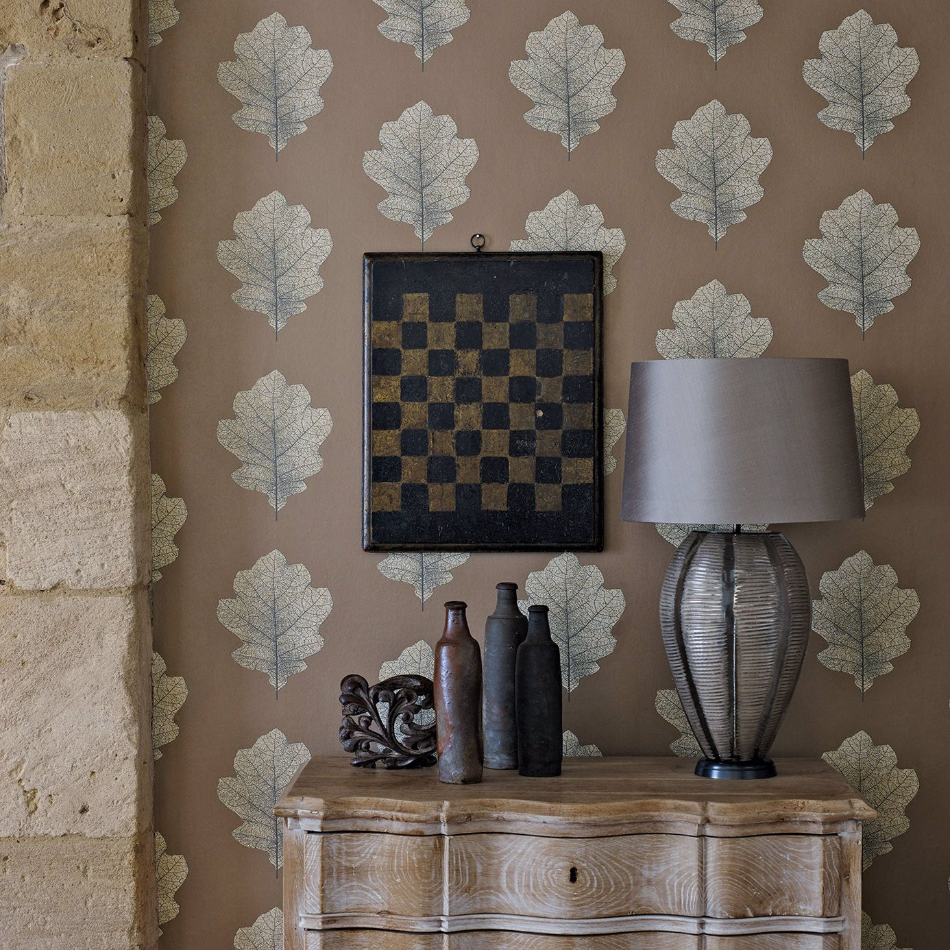 Oak Filigree Wallpaper - Stone/Gilver - DWOW215698