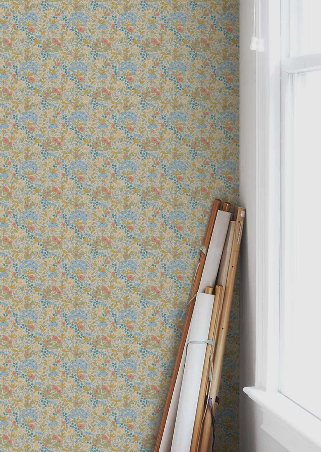 Doris Wallpaper - Blue & Mustard - Summer Gray
