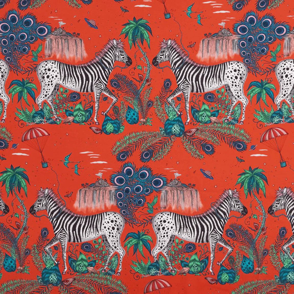 Lost World Cotton Satin Fabric - Red - Emma J Shipley