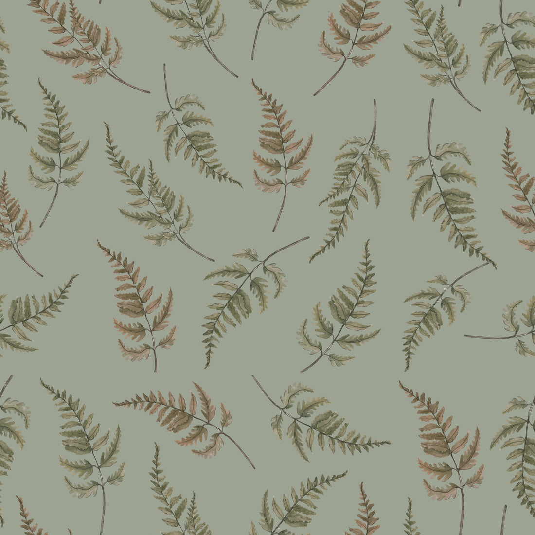 Falling Ferns Wallpaper - Earthy Green - Summer Gray
