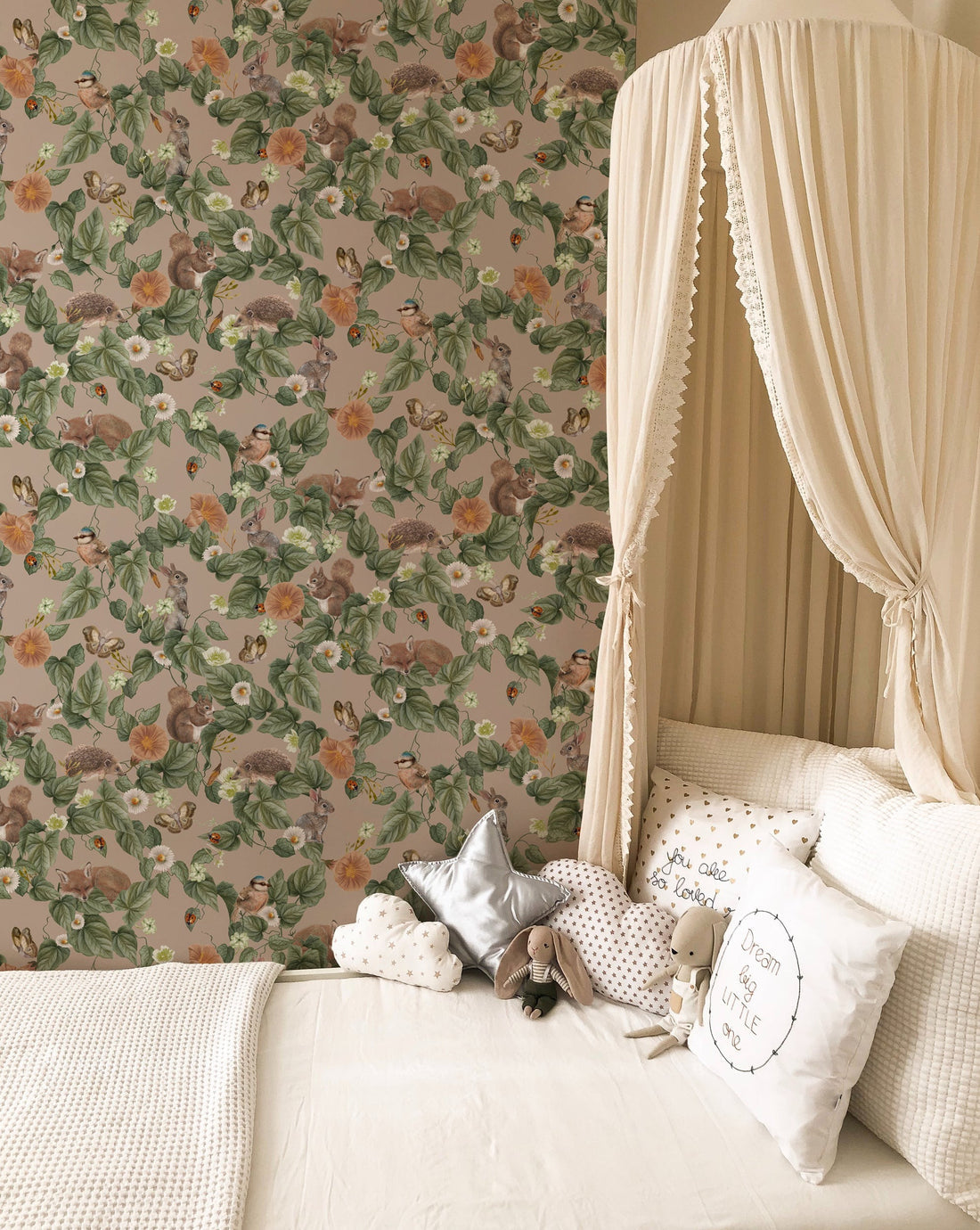 Forest Lullaby Nursery Wallpaper - Dusty Rose - Summer Gray

