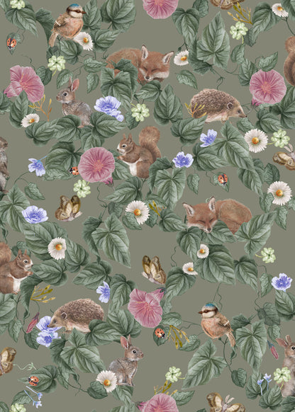 Forest Lullaby Nursery Wallpaper - Moss - Summer Gray

