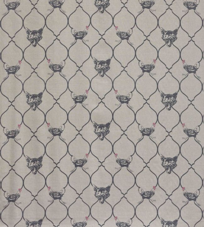 Fox And Hen Fabric - Charcoal/Pink on Natural - BGF030502 - Barneby Gates