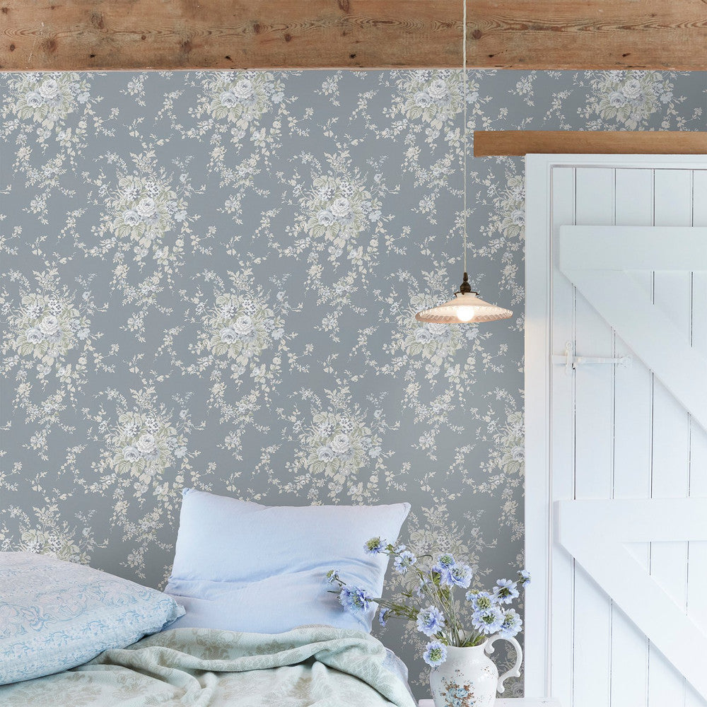 Garden Floral Wallpaper - Slate Grey - Shabby Chic