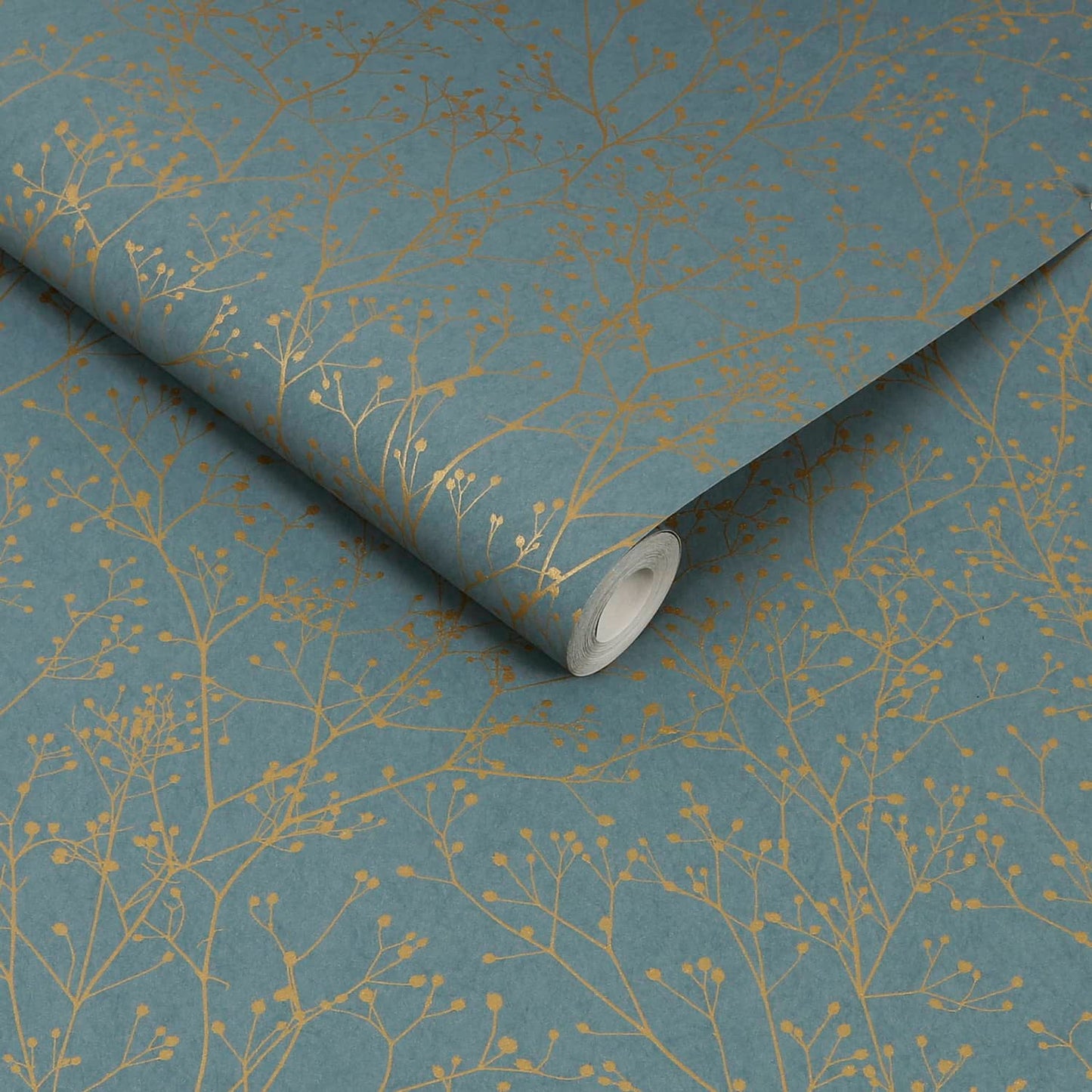 Gypsophila Wallpaper - Airforce Blue & Soft Gold - Clarissa Hulse