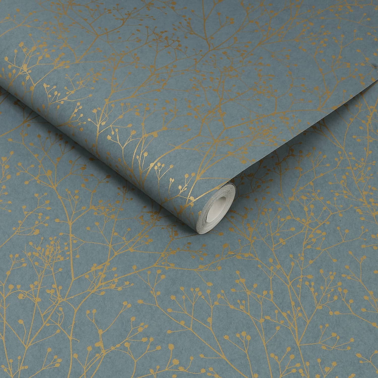 Gypsophila Wallpaper - Airforce Blue & Soft Gold - Clarissa Hulse