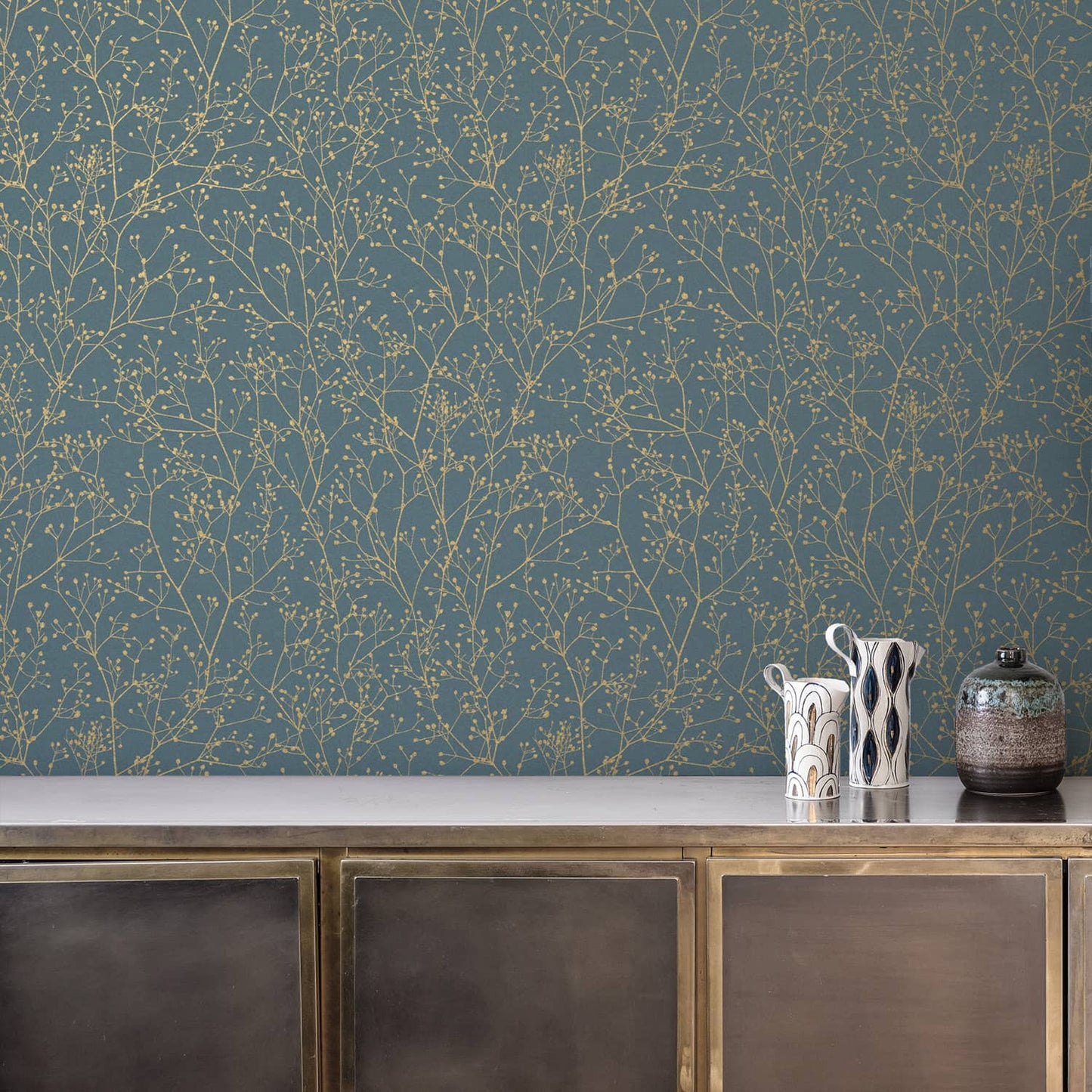 Gypsophila Wallpaper - Airforce Blue & Soft Gold - Clarissa Hulse