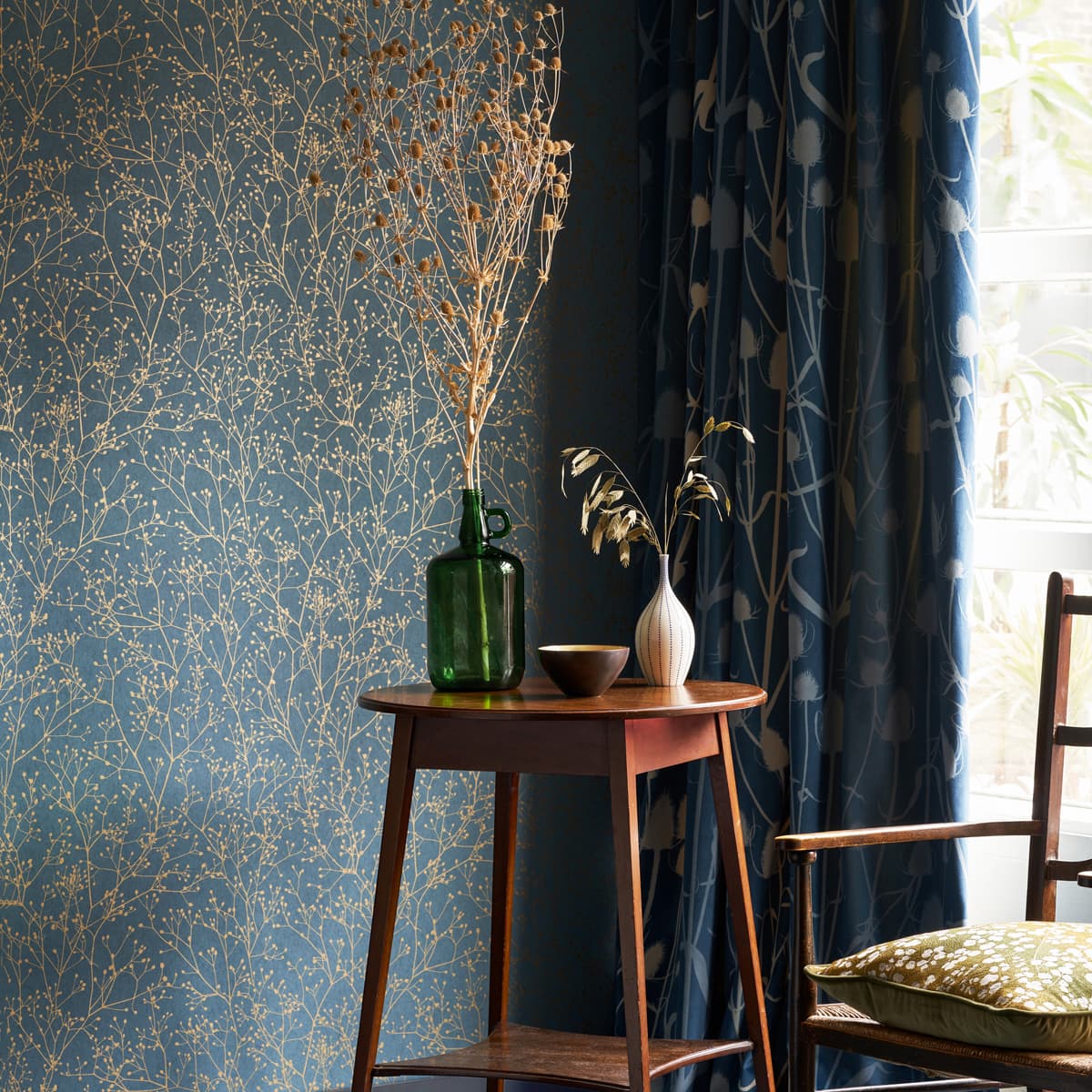 Gypsophila Wallpaper - Airforce Blue & Soft Gold - Clarissa Hulse