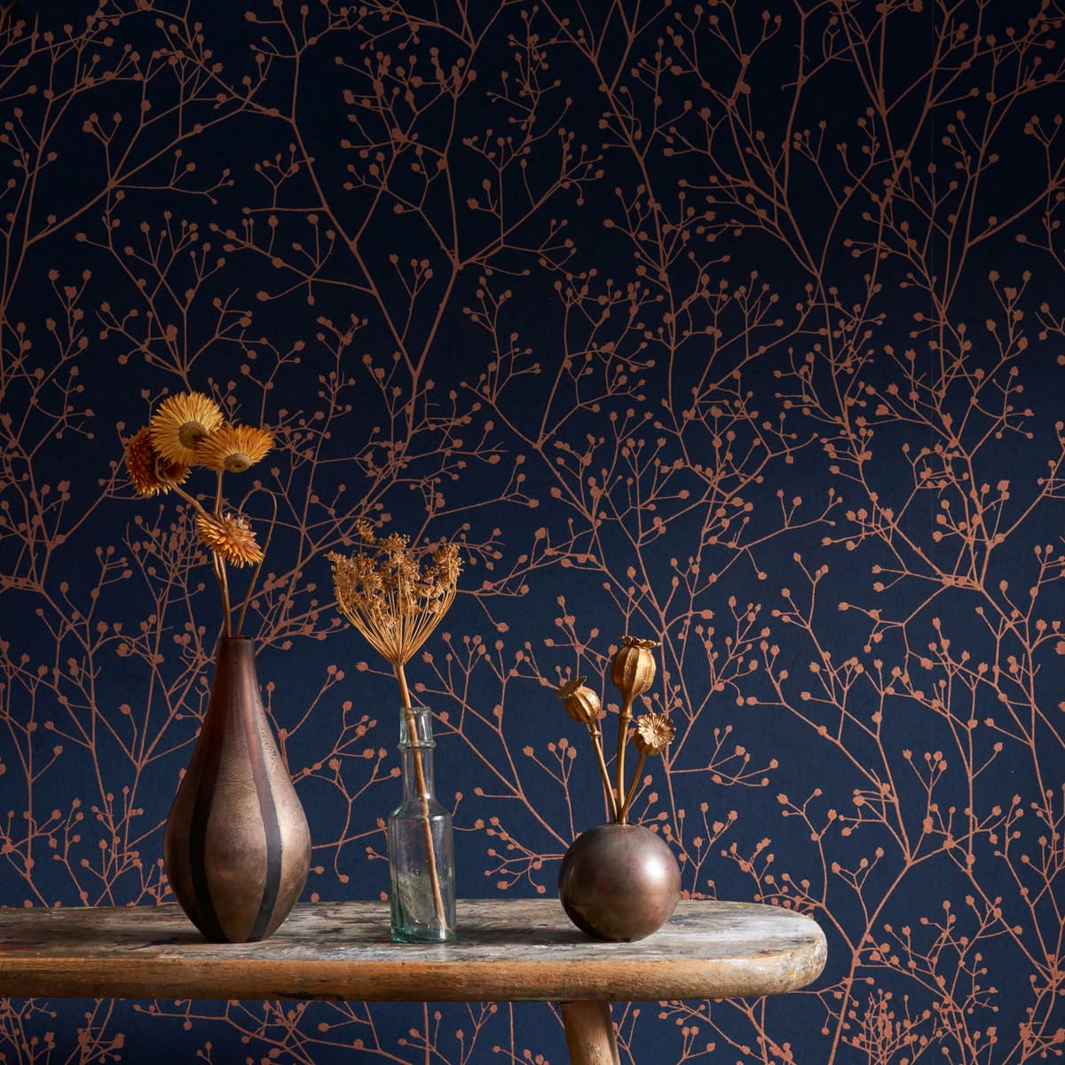 Gypsophila Wallpaper - Mighnight & Copper - Clarissa Hulse