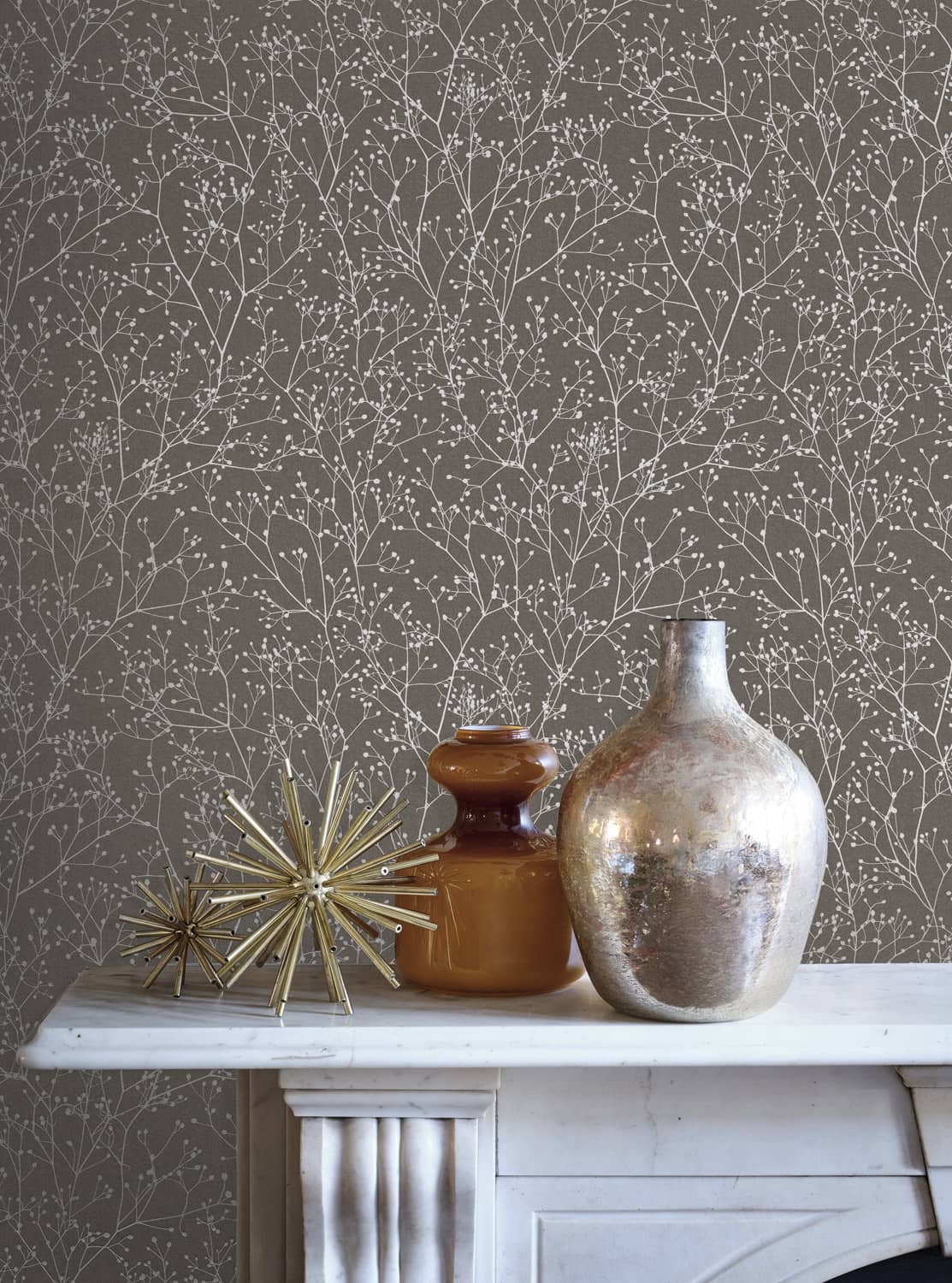 Gypsophila Wallpaper - Mocha & Silver  - Clarissa Hulse