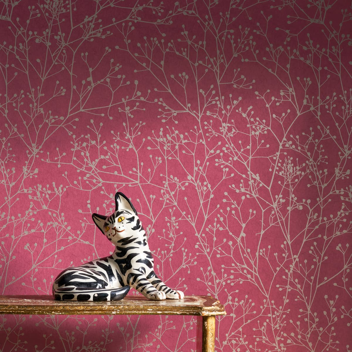 Gypsophila Wallpaper - Raspberry & Silver - Clarissa Hulse