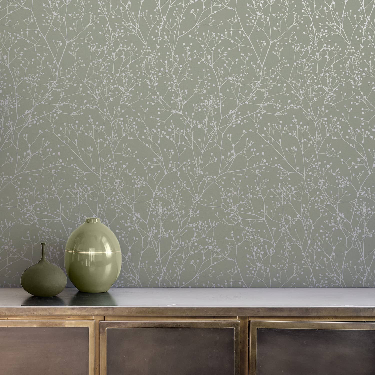 Gypsophila Wallpaper - Spring Green & Silver - Clarissa Hulse