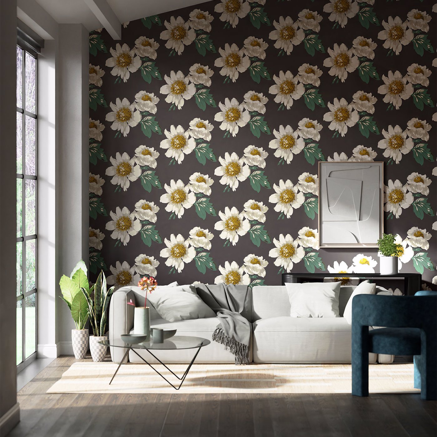 Paeonia Wallpaper - Black Earth/Fig Leaf/ Gold - HQN2112841