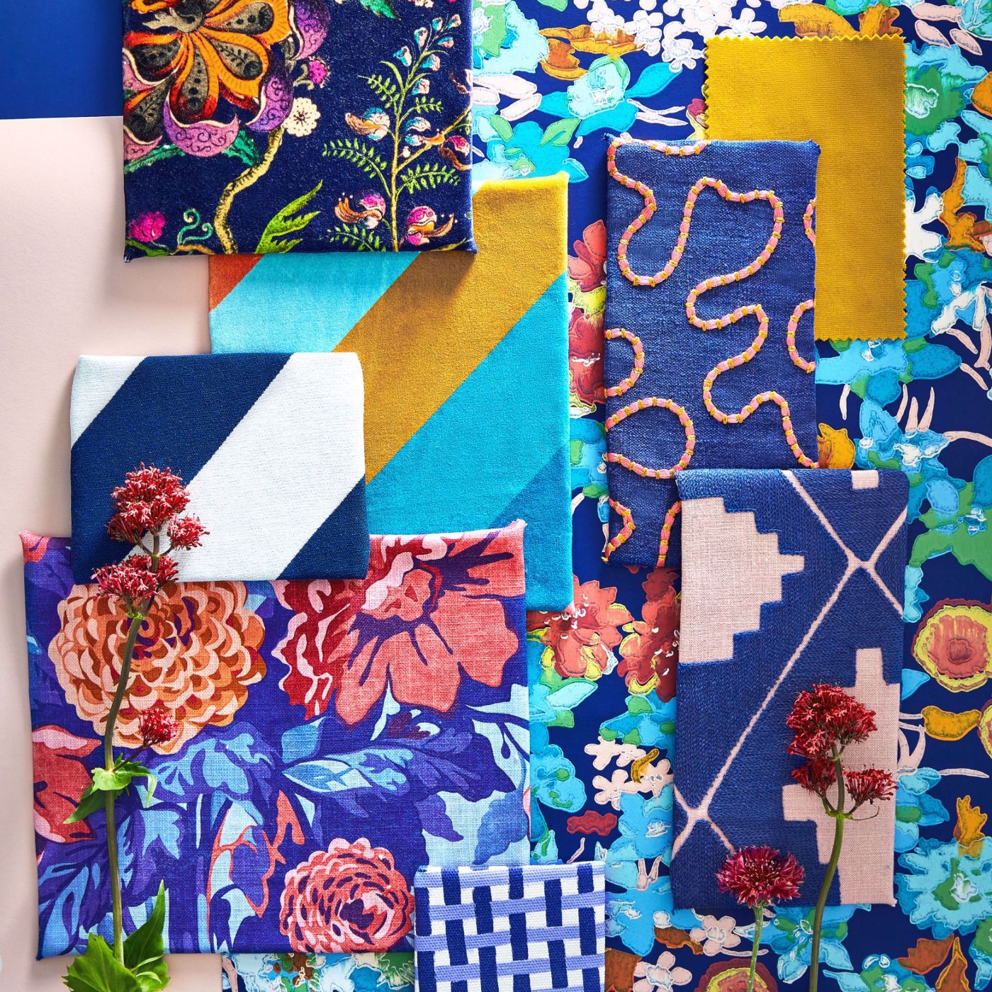 Dahlia Bunch Room Fabric - Lapis/Carnelian/Spinel