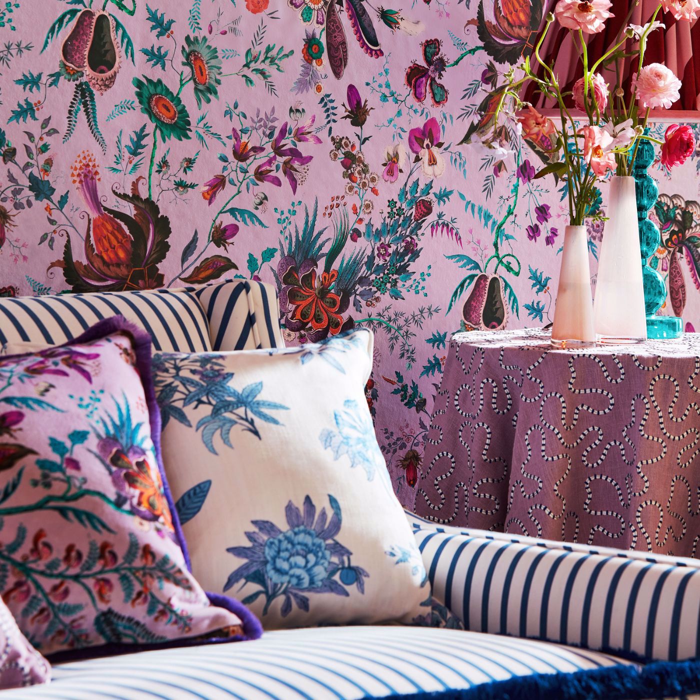 Woodland Floral Room Fabric - Lapis/Amethyst/Pearl