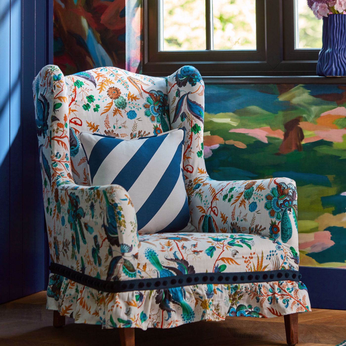 Paper Straw Stripe Room Fabric - Lapis