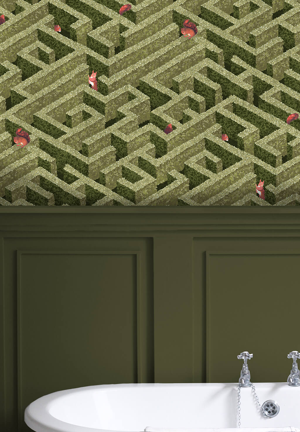 Labyrinth with Squirrel Room Wallpaper | Olive