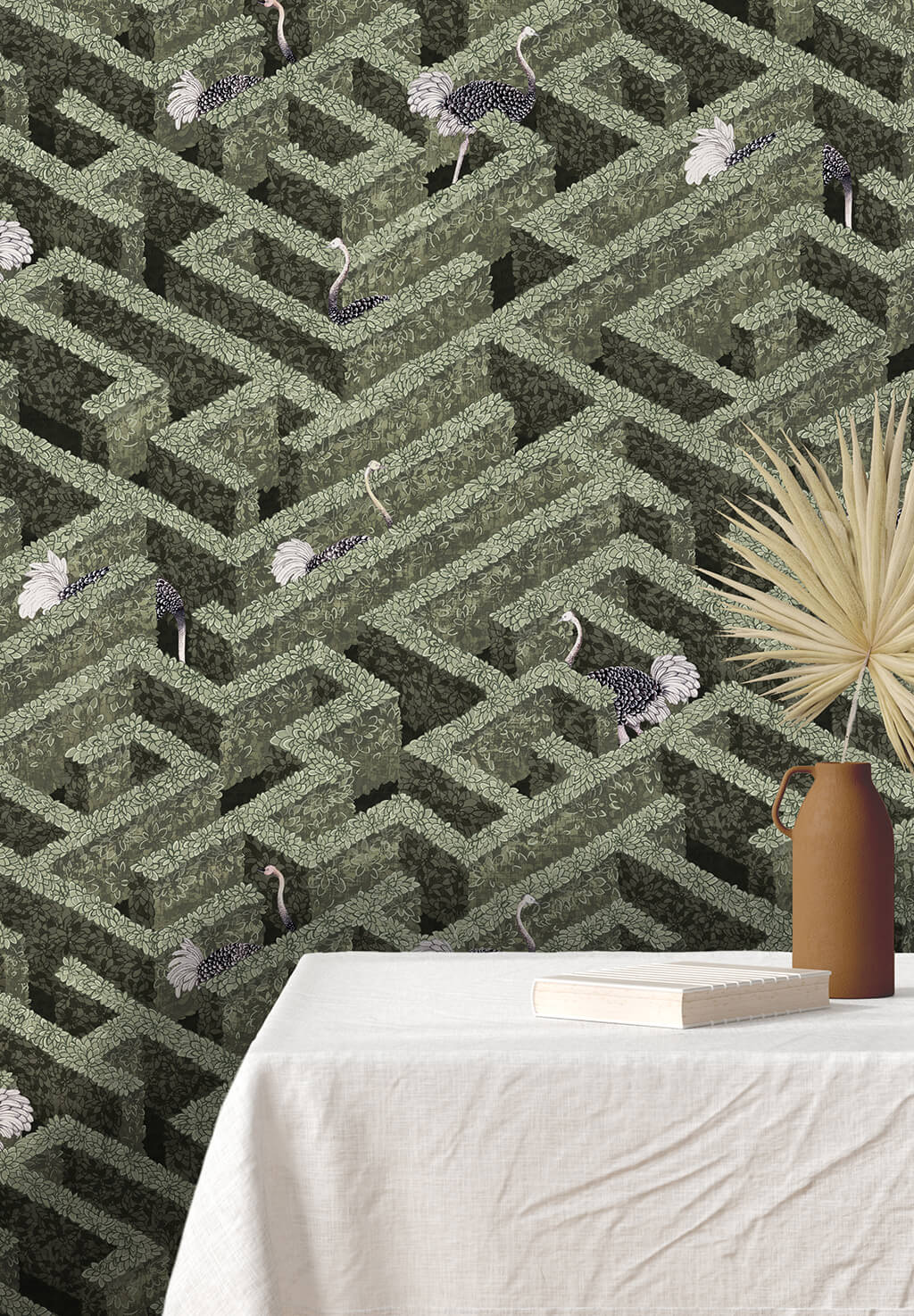 Labyrinth with Ostrich Room Wallpaper | Eucalyptus