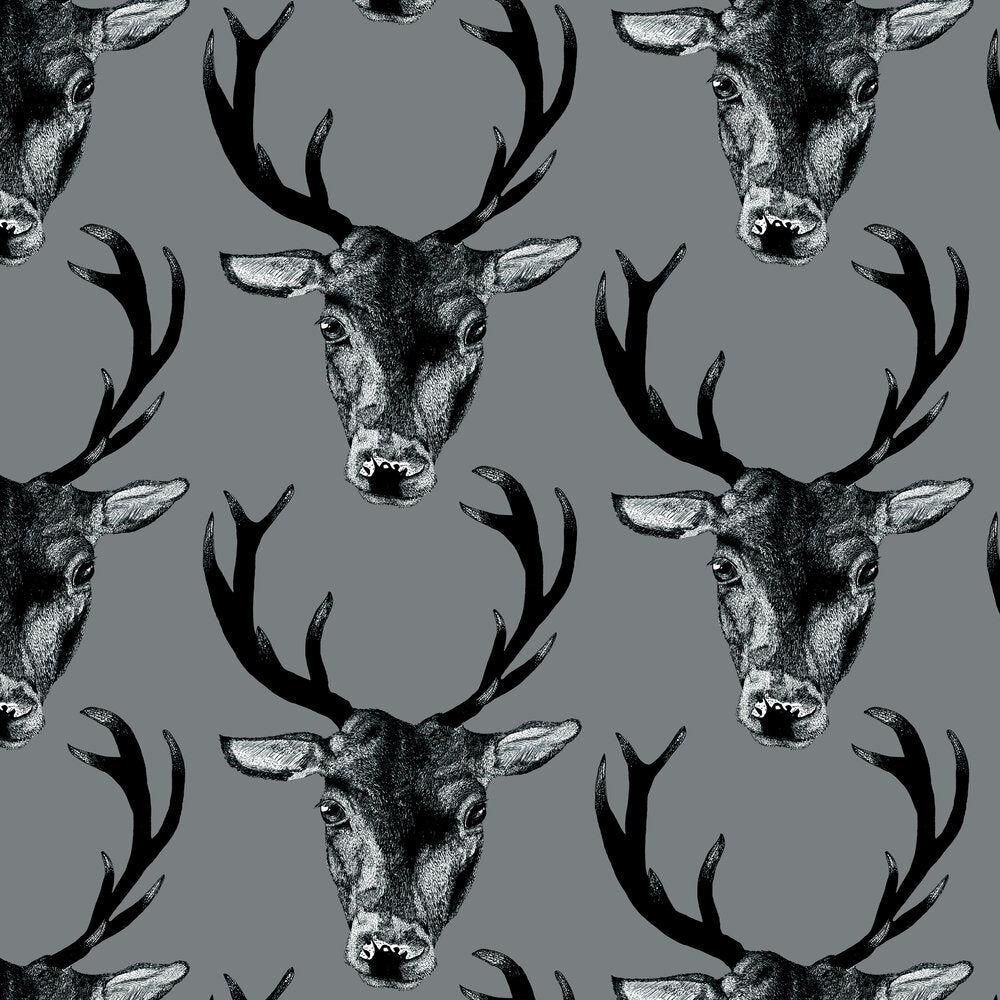 Stag Head Wallpaper - Grey - The Graduate Collection