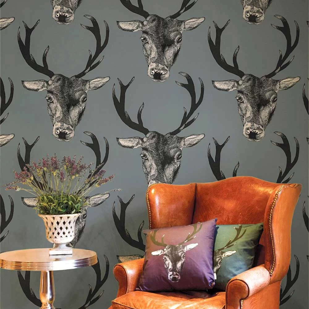 Stag Head Wallpaper - Grey - The Graduate Collection