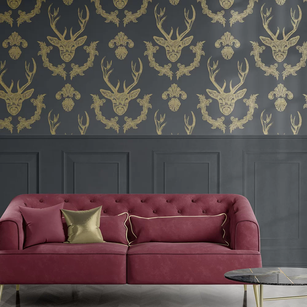 King Of The Wood Wallpaper - Charcoal / Gold - The Graduate Collection