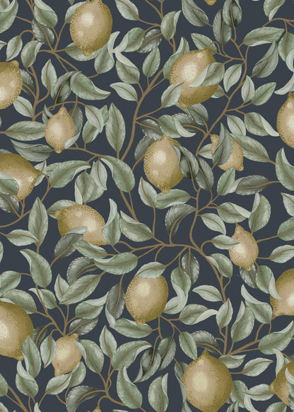 Lemon Trees Wallpaper - Midnight Blue - Summer Gray
