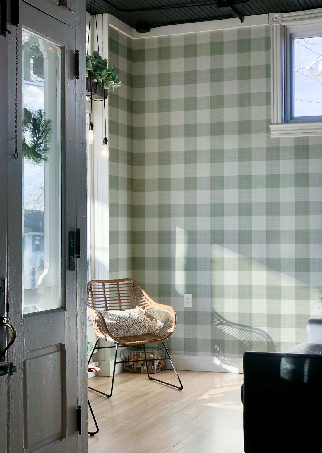 Linen Checks Wallpaper - Green - Summer Gray
