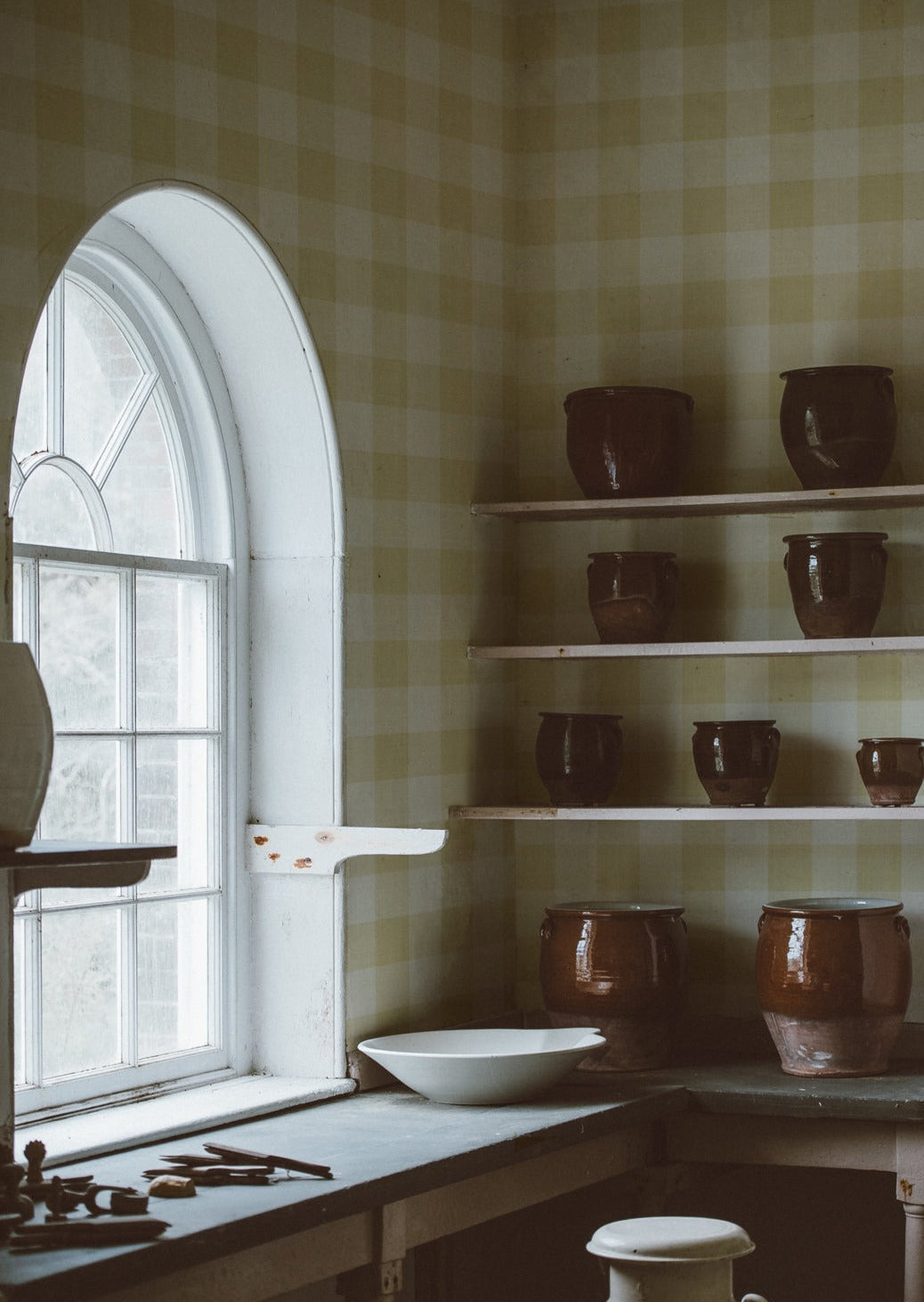 Linen Checks Wallpaper - Yellow - Summer Gray
