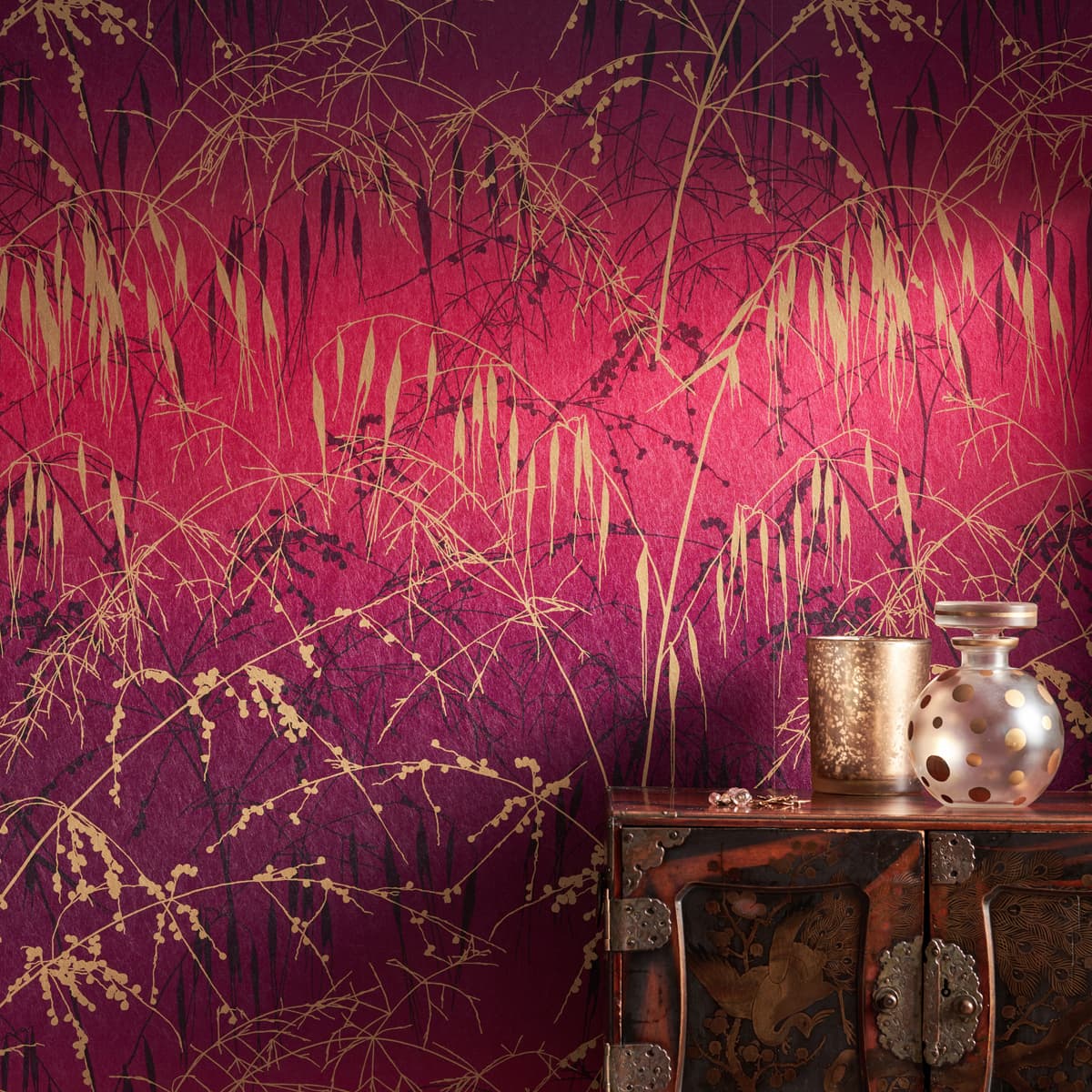 Meadow Grass Wallpaper - Damson & Soft Gold - Clarissa Hulse