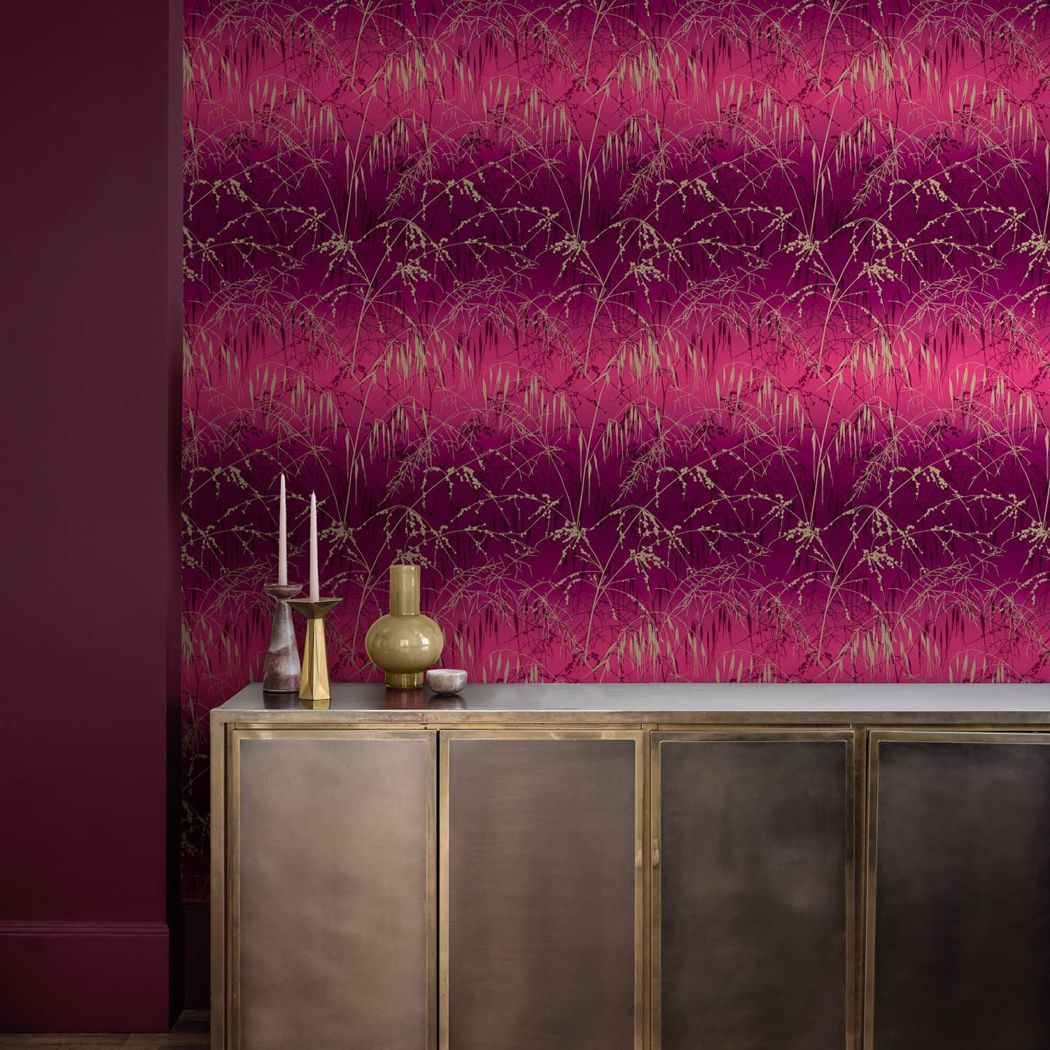 Meadow Grass Wallpaper - Damson & Soft Gold - Clarissa Hulse