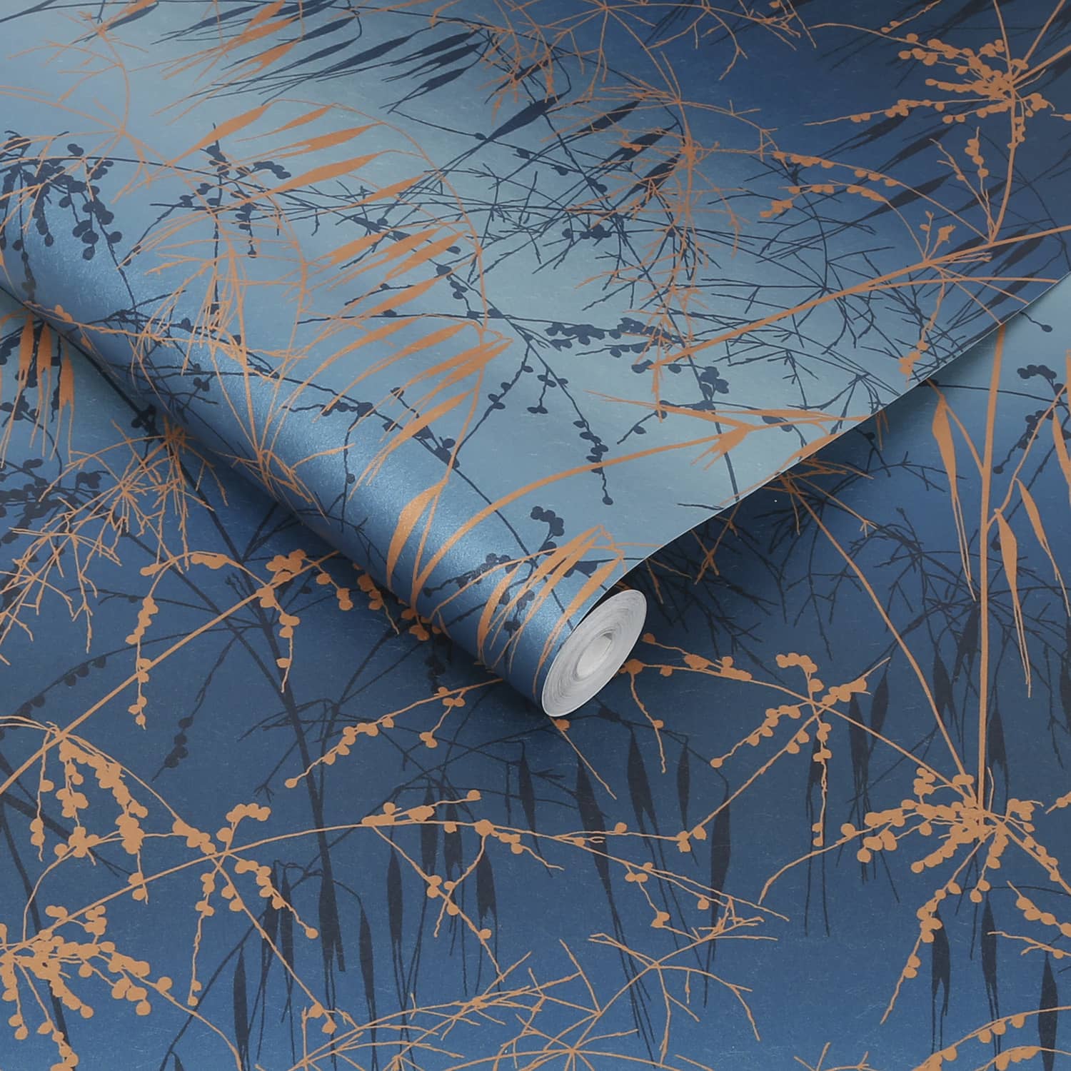 Meadow Grass Wallpaper - French Navy & Copper - Clarissa Hulse