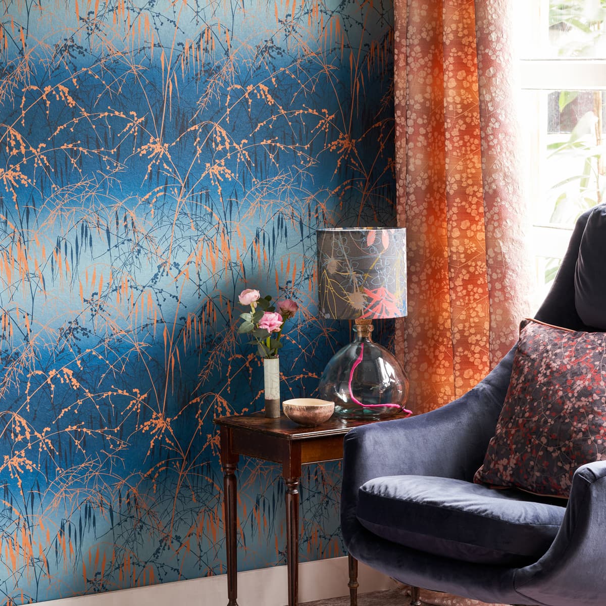 Meadow Grass Wallpaper - French Navy & Copper - Clarissa Hulse