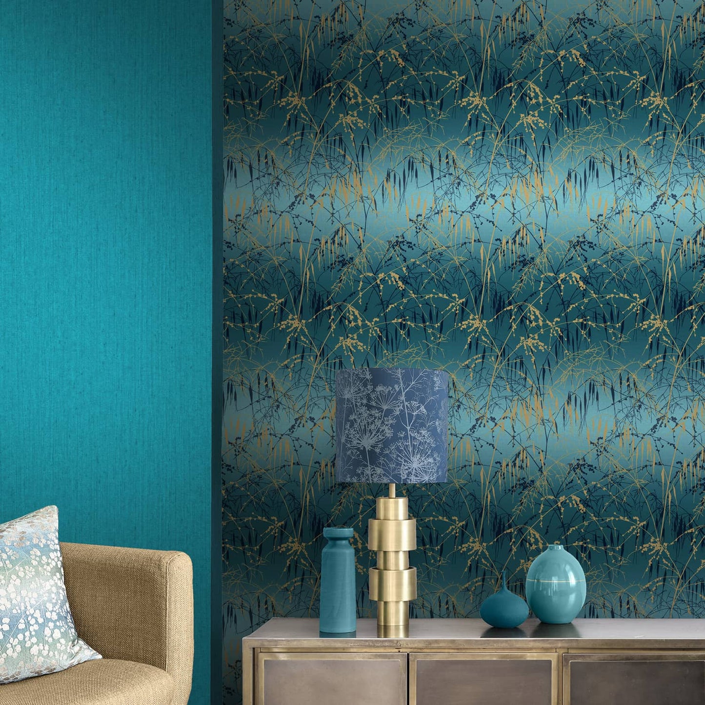 Meadow Grass Wallpaper - Teal & Soft Gold - Clarissa Hulse