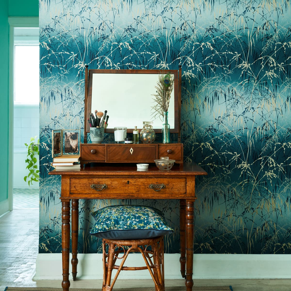 Meadow Grass Wallpaper - Teal & Soft Gold - Clarissa Hulse