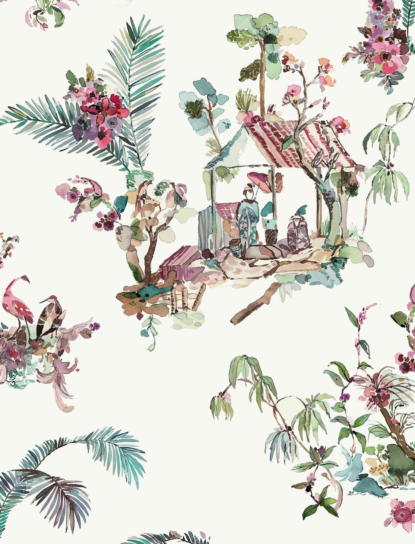 NCW4497-01 - Toile Chinoise Wallpaper - Teal/ Magenta - Nina Campbell