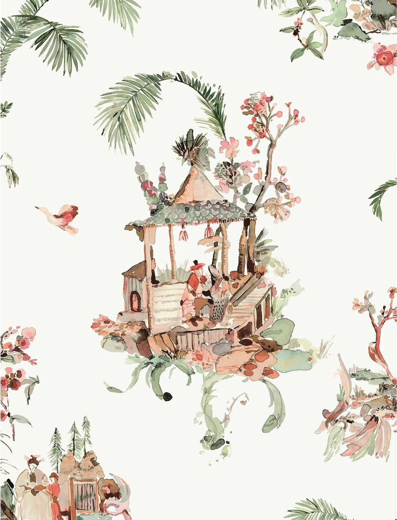 NCW4497-02 - Toile Chinoise Wallpaper - Coral/ Green - Nina Campbell