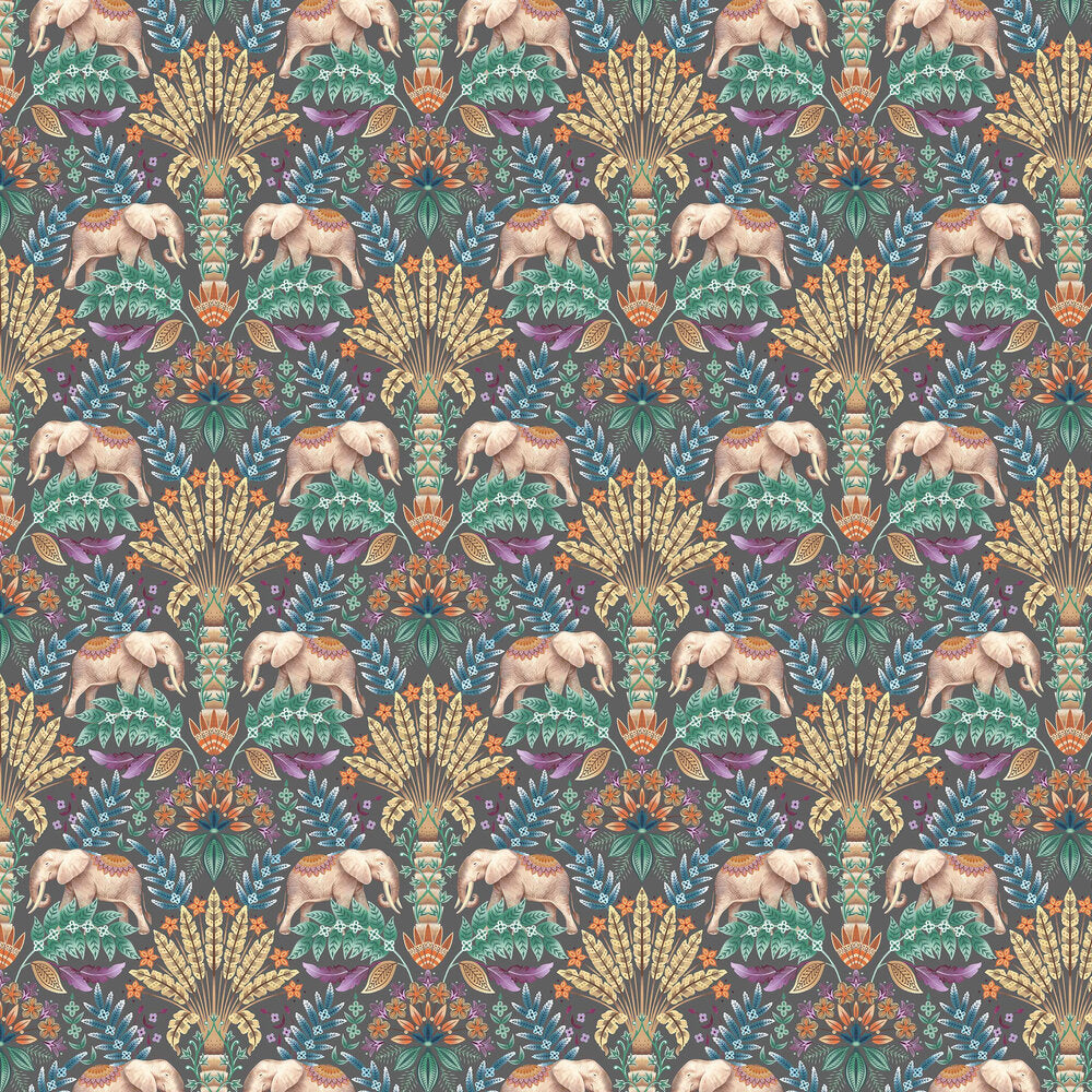Exotic Elephant Wallpaper - Charcoal - The Graduate Collection