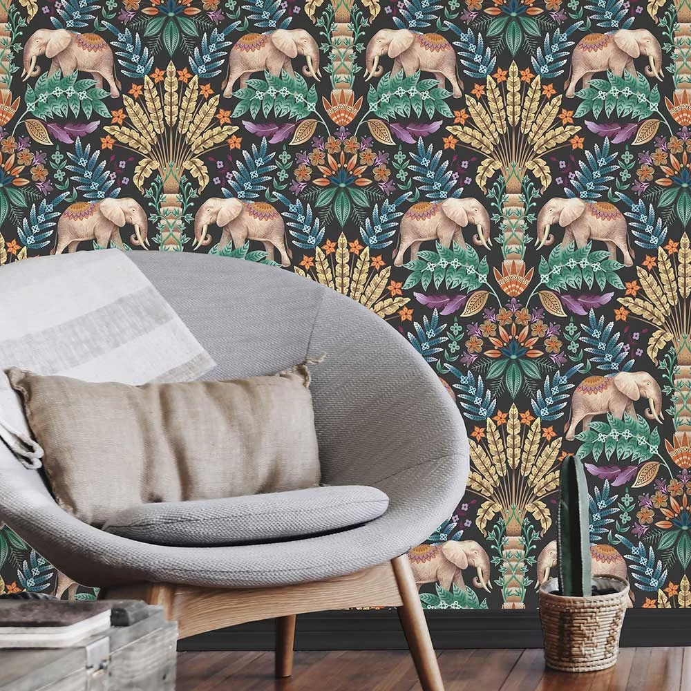 Exotic Elephant Wallpaper - Charcoal - The Graduate Collection